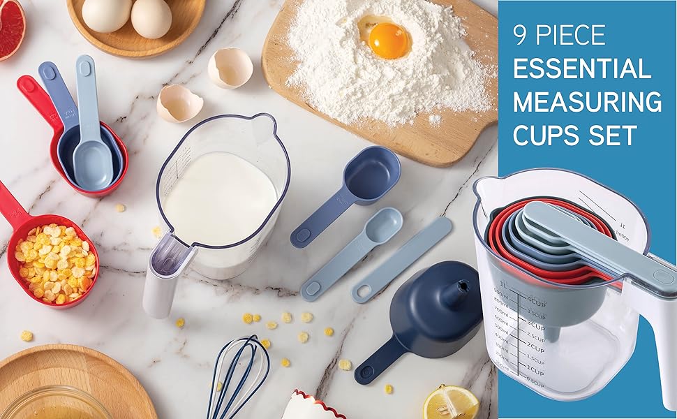 COOK WITH COLOR Measuring Cup Set - 9 PC. Nesting Stackable Liquid Measure Cup, Dry Measuring Cups and Spoons with Funnel and Scraper (Pastel)