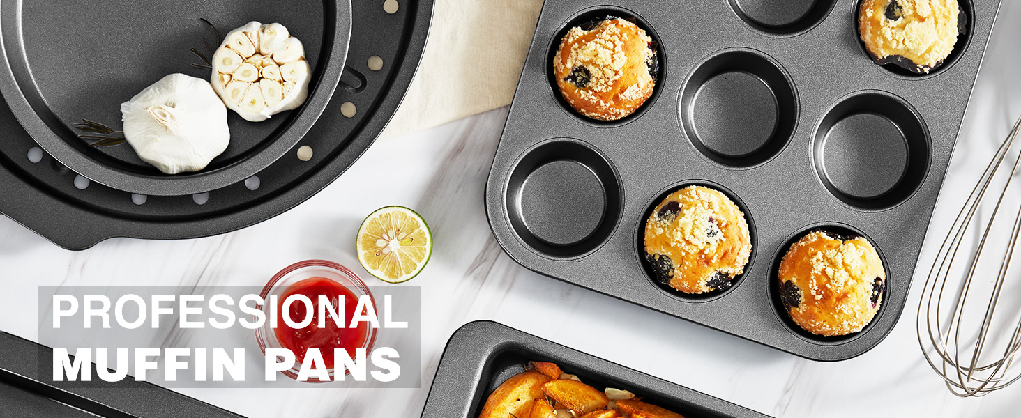 HONGBAKE Muffin Pan for Baking, Nonstick Cupcake Tin 12 Cup, 2 Pack Cup Cake Tray, Premium Cheesecake Pans, Dishwasher Safe - Dark Grey