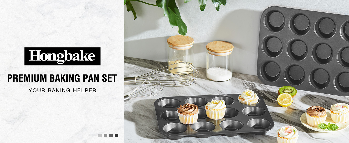 HONGBAKE Muffin Pan for Baking, Nonstick Cupcake Tin 12 Cup, 2 Pack Cup Cake Tray, Premium Cheesecake Pans, Dishwasher Safe - Dark Grey