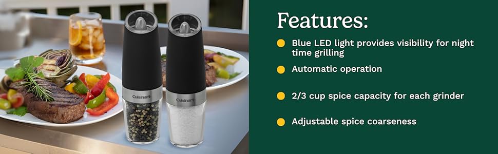 Cuisinart CSS-2424 Gravity Salt and Pepper Spice Mill with Blue LED Light, 2/3 Cup Capacity
