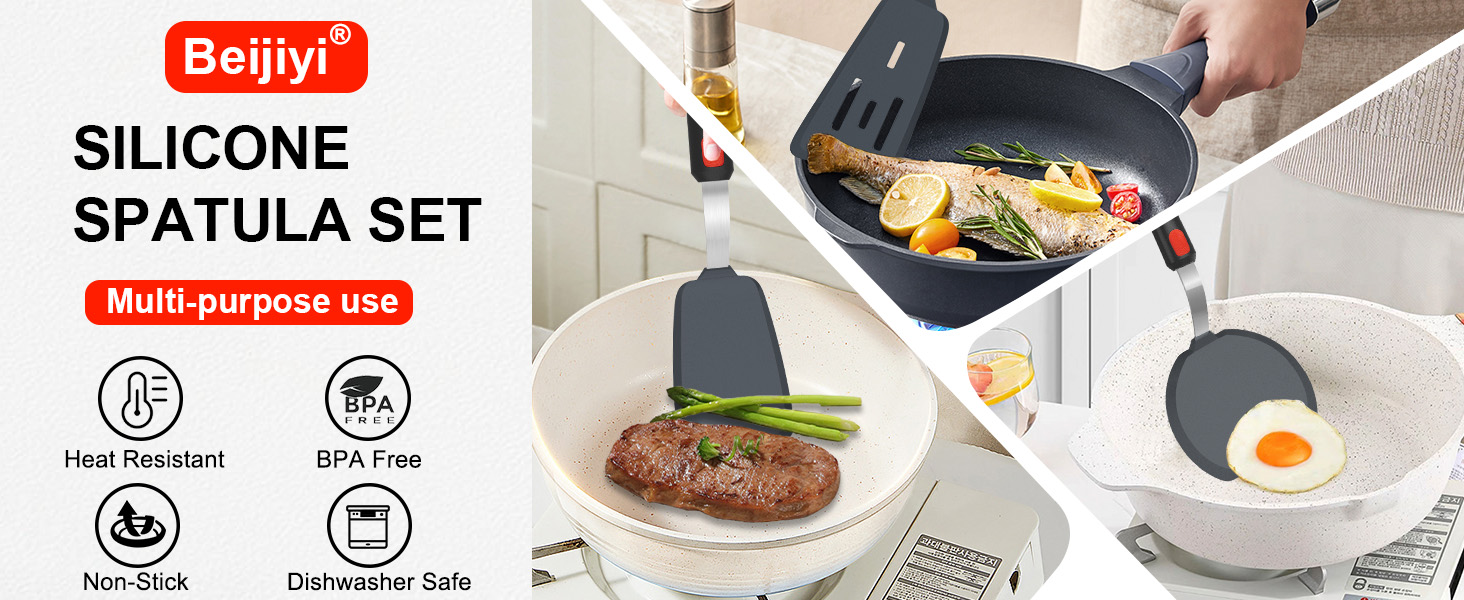 Silicone Spatula Turner Set of 3, Beijiyi 600°F Heat Resistant Cooking Spatulas for Nonstick Cookware, Large Flexible Kitchen Utensils BPA Free Rubber Spatula Set for Egg, Pancake, Fish, Burger
