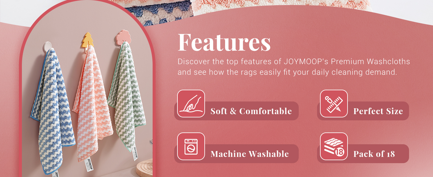 JOYMOOP 18 Pack Microfiber Cleaning Cloth, Kitchen Towels for Dish Drying Washing, Absorbent Streak Free Lint Free Rags for Cleaning, Reusable and Washable Towels - 10