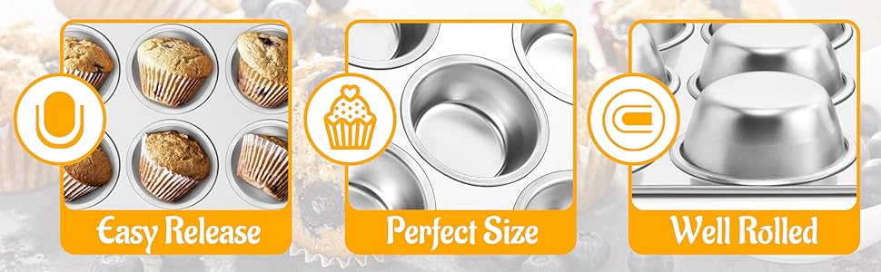 E-far Muffin Pan 12-Cup, Set of 2, Stainless Steel Cupcake Pan Metal Muffin Baking Tins for Oven, Regular Size & Easy Clean, Non-toxic & Dishwasher Safe