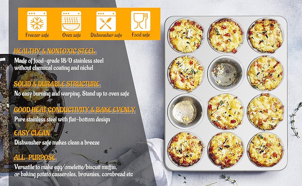 E-far Muffin Pan 12-Cup, Set of 2, Stainless Steel Cupcake Pan Metal Muffin Baking Tins for Oven, Regular Size & Easy Clean, Non-toxic & Dishwasher Safe