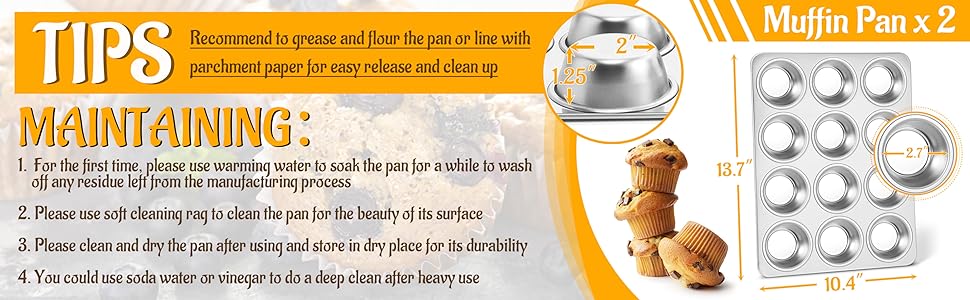 E-far Muffin Pan 12-Cup, Set of 2, Stainless Steel Cupcake Pan Metal Muffin Baking Tins for Oven, Regular Size & Easy Clean, Non-toxic & Dishwasher Safe