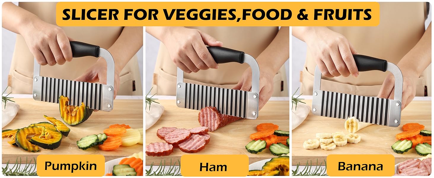 Crinkle Cutter Stainless Steel Potato Slicer Heavy Duty Wavy Crinkle Cutting Chopping Tools with Wooden Handle for Carrot Veggies (1, Black)