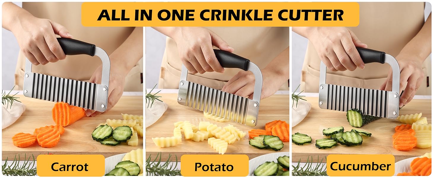 Crinkle Cutter Stainless Steel Potato Slicer Heavy Duty Wavy Crinkle Cutting Chopping Tools with Wooden Handle for Carrot Veggies (1, Black)
