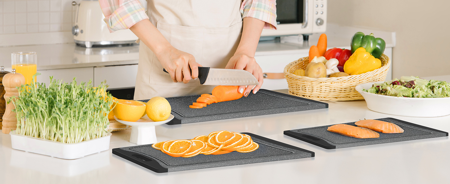 Extra Large Cutting Boards, Plastic Cutting Boards for Kitchen (Set of 3) Cutting Board Set Dishwasher Chopping Board with Juice Grooves Easy-Grip Handles, Dark Grey, Empune