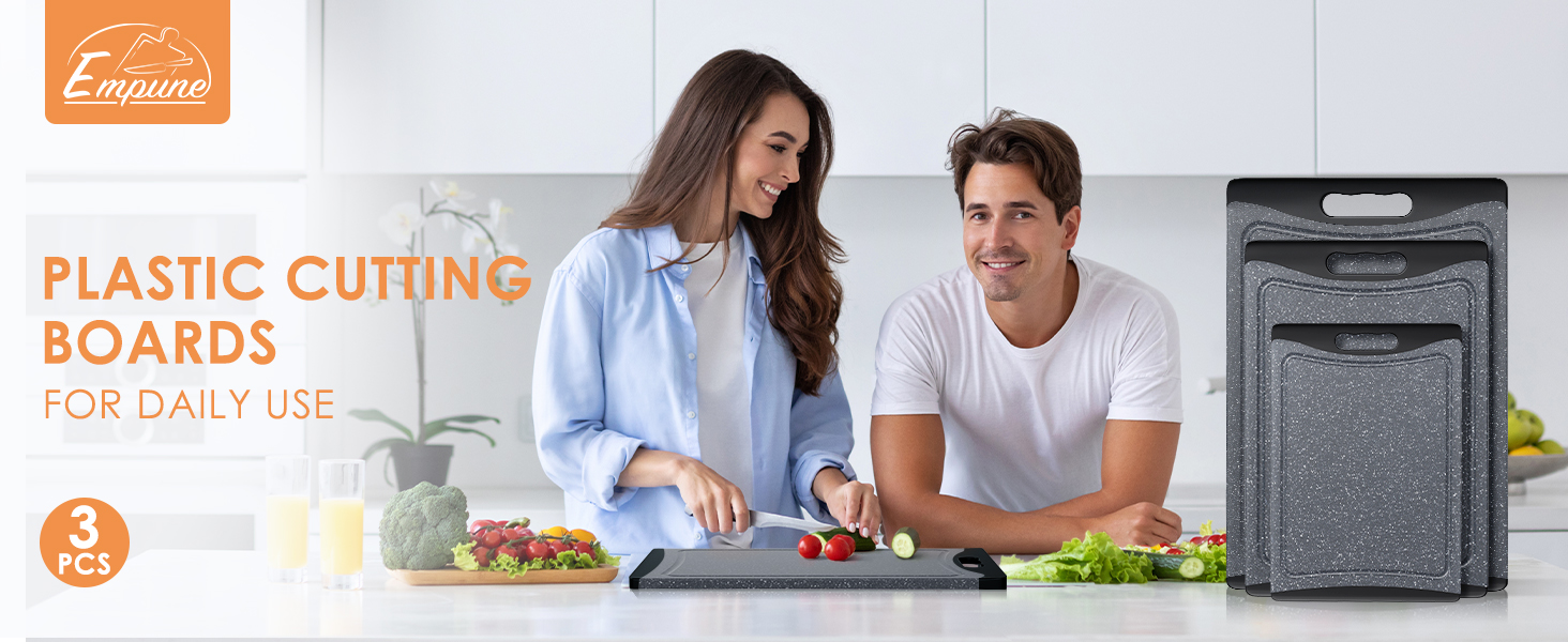 Extra Large Cutting Boards, Plastic Cutting Boards for Kitchen (Set of 3) Cutting Board Set Dishwasher Chopping Board with Juice Grooves Easy-Grip Handles, Dark Grey, Empune