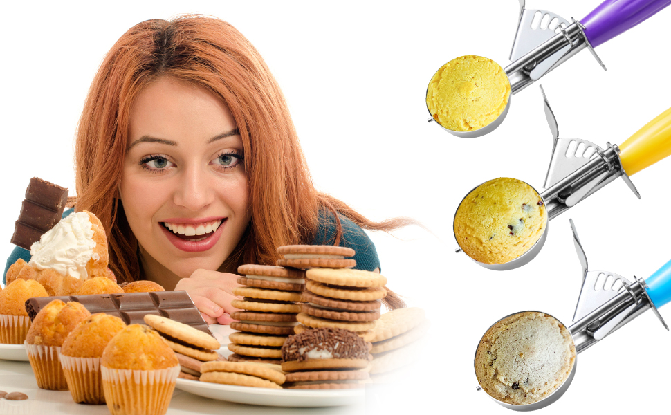 Ice Cream Scoop Set, 3 PCS Cookie Scoops, Disher, Muffin Scoops, Cupcake Scoop - #16 (2.7 oz), #20 (2 oz), #30 (1.25 oz), For Cookie, Ice Cream, Muffin, Side Dish, Mashed Potatoes