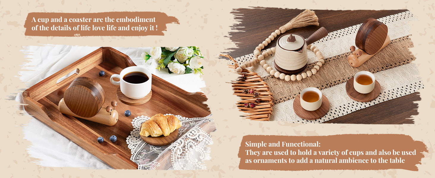 Wooden Coasters for Drinks-Natural Acacia Wood Drink Coaster with Magnetic for Coffee Table,Fun Cute Coasters with Holder for Modern Home Decor-Set of 5