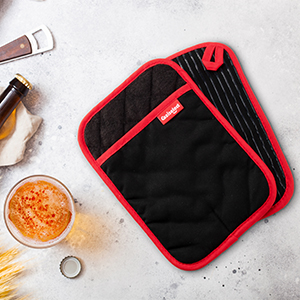 Hot Pads for Kitchen, Potholders for Kitchen Heat Resistant, Heavy Duty Pot Holders with Pockets Non Slip, Pure Cotton and Terrycloth Lining Pot Holders Set of 2, Black