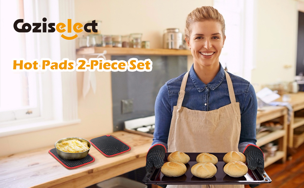 Hot Pads for Kitchen, Potholders for Kitchen Heat Resistant, Heavy Duty Pot Holders with Pockets Non Slip, Pure Cotton and Terrycloth Lining Pot Holders Set of 2, Black