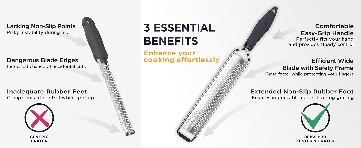 Deiss PRO Lemon Zester & Heavy Duty Cheese Grater & Vegetable Grater — Parmesan Cheese, Lemon, Garlic, Nutmeg, Chocolate, Fruits, Vegetables, Ginger Grater - Stainless Steel Cheese Shredder - Black