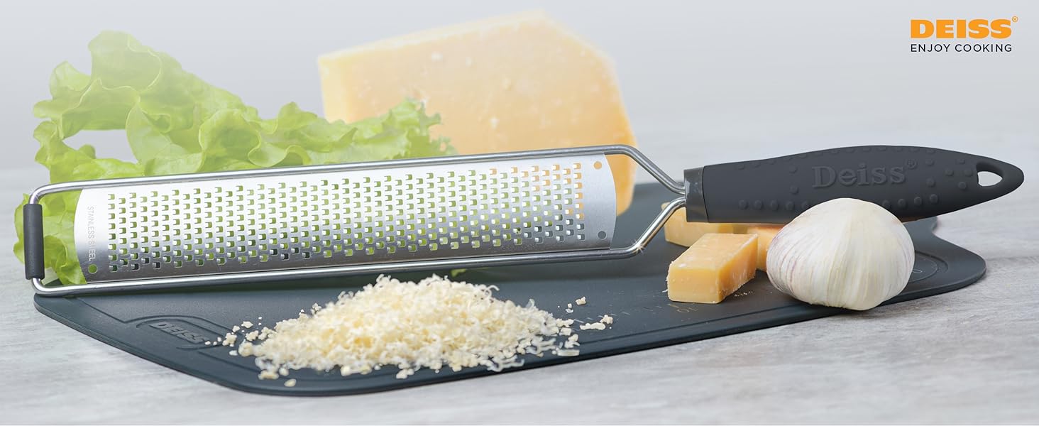 Deiss PRO Lemon Zester & Heavy Duty Cheese Grater & Vegetable Grater — Parmesan Cheese, Lemon, Garlic, Nutmeg, Chocolate, Fruits, Vegetables, Ginger Grater - Stainless Steel Cheese Shredder - Black