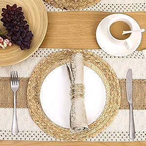 Handmade Boho Placemats Set of 6 - Natural Cotton Burlap and Water Straw Woven Combination Table Mats, Macrame Décor and Farmhouse Style Placemats, for Dining Table Kitchen