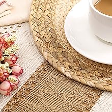 Handmade Boho Placemats Set of 6 - Natural Cotton Burlap and Water Straw Woven Combination Table Mats, Macrame Décor and Farmhouse Style Placemats, for Dining Table Kitchen