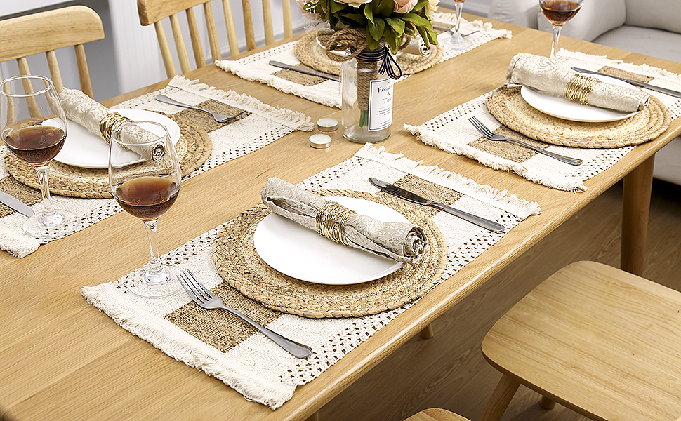 Handmade Boho Placemats Set of 6 - Natural Cotton Burlap and Water Straw Woven Combination Table Mats, Macrame Décor and Farmhouse Style Placemats, for Dining Table Kitchen