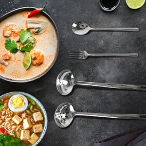 304 Stainless Steel Flatware Serving Utensils, Skimmer Slotted Spoon and Soup Ladle,Serving Utensil Set,[Rustproof, Heat Resistance,]Dishwasher Safe (Skimmer Slotted Spoon and Soup Ladle)
