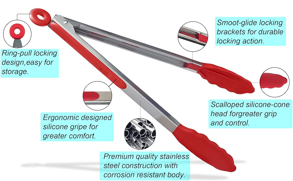 HST Tongs for Cooking with Silicone Tips(3 Pack), Non Stick Kitchen Tongs with Silicone Tip for Cooking BBQ Baking (9