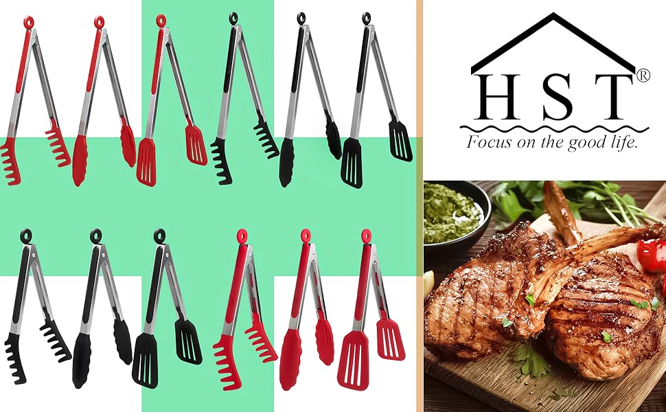 HST Tongs for Cooking with Silicone Tips(3 Pack), Non Stick Kitchen Tongs with Silicone Tip for Cooking BBQ Baking (9