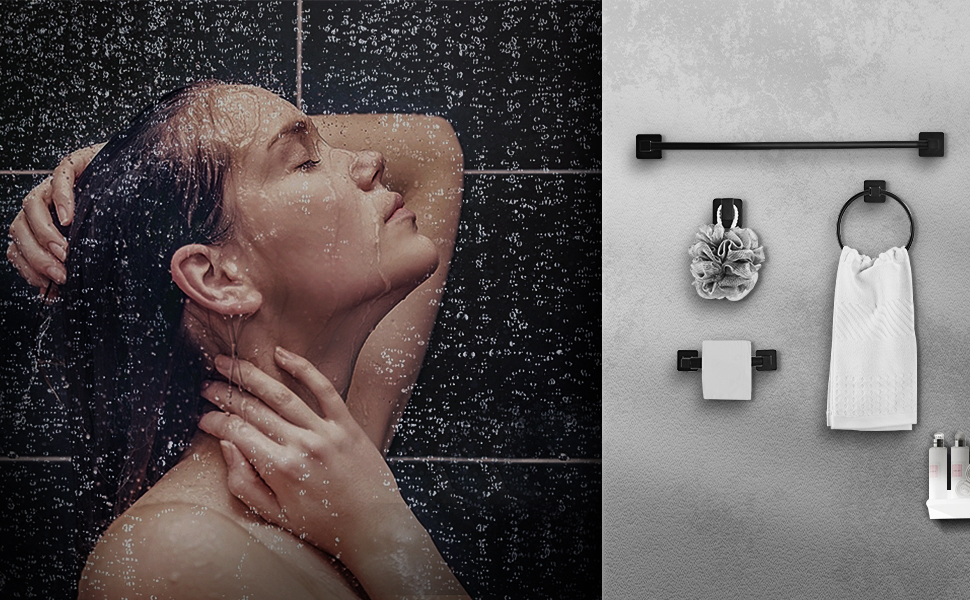 Matte Black Bathroom Hardware Set 4 Pieces,Bathroom Accessories Set Stainless Steel Wall Mounted, Hand Towel Bar, Towel Ring, Robe Towel Hooks,Toilet Paper Holder,Towel Bar Set, 23.6 Inch