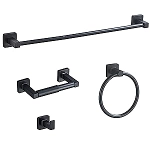Matte Black Bathroom Hardware Set 4 Pieces,Bathroom Accessories Set Stainless Steel Wall Mounted, Hand Towel Bar, Towel Ring, Robe Towel Hooks,Toilet Paper Holder,Towel Bar Set, 23.6 Inch
