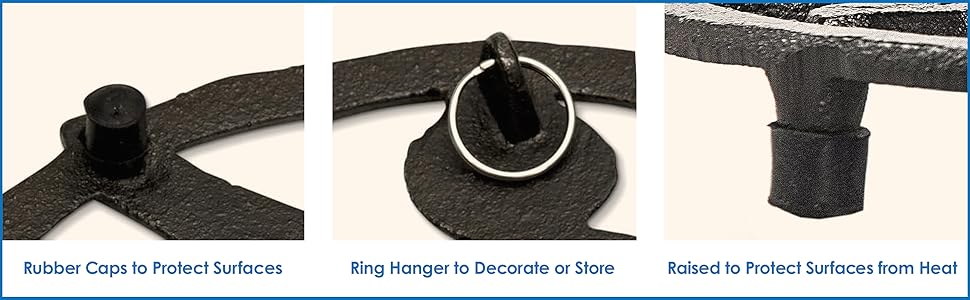 GASARÉ, Cast Iron Trivet for Hot Dishes, Pots, and Pans, Metal Trivet, 2 Turtle Design, Rubber Feet Caps, Ring Hanger, 8.75 Inches, Brown, 1 Unit