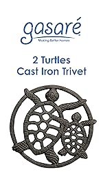 GASARÉ, Cast Iron Trivet for Hot Dishes, Pots, and Pans, Metal Trivet, 2 Turtle Design, Rubber Feet Caps, Ring Hanger, 8.75 Inches, Brown, 1 Unit