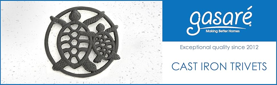 GASARÉ, Cast Iron Trivet for Hot Dishes, Pots, and Pans, Metal Trivet, 2 Turtle Design, Rubber Feet Caps, Ring Hanger, 8.75 Inches, Brown, 1 Unit