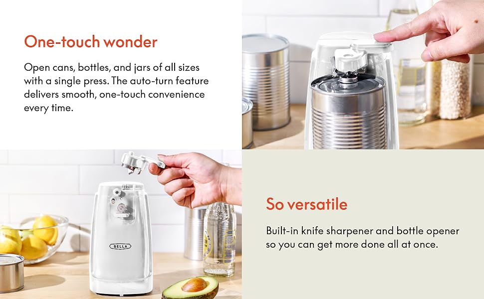 bella Electric Can Opener and Knife Sharpener, Removable Cutting Lever, Cord Storage, Stainless Steel Blade, White