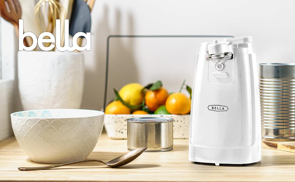 bella Electric Can Opener and Knife Sharpener, Removable Cutting Lever, Cord Storage, Stainless Steel Blade, White