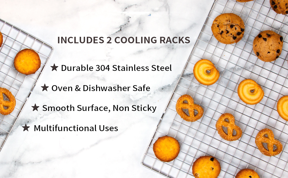 Cooling Rack for Baking 2-Pack, 16x10 Inches Baking Rack, Thick Wire Cookie Rack for Cooking, Roasting, Grilling, Drying, Oven Safe, Fits Half Sheet Pan, Silver