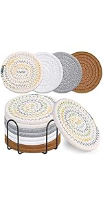 Mckanti 8 Pcs Drink Coasters with Holder, 4 Colors Absorbent Coasters, Minimalist Cotton Woven Coaster Set for Living Room Decor, Tabletop Protection Suitable for Kinds of Cups, 4.3 Inches