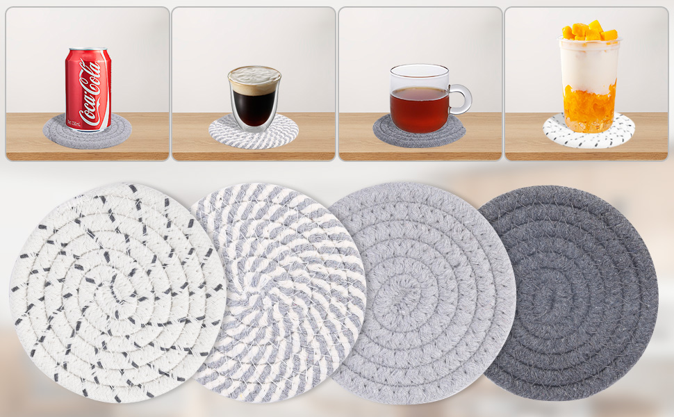 Mckanti 8 Pcs Drink Coasters with Holder, 4 Colors Absorbent Coasters, Minimalist Cotton Woven Coaster Set for Living Room Decor, Tabletop Protection Suitable for Kinds of Cups, 4.3 Inches