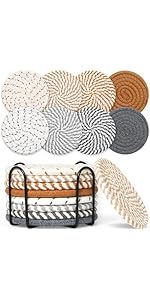 Mckanti 8 Pcs Drink Coasters with Holder, 4 Colors Absorbent Coasters, Minimalist Cotton Woven Coaster Set for Living Room Decor, Tabletop Protection Suitable for Kinds of Cups, 4.3 Inches