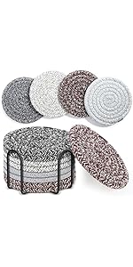 Mckanti 8 Pcs Drink Coasters with Holder, 4 Colors Absorbent Coasters, Minimalist Cotton Woven Coaster Set for Living Room Decor, Tabletop Protection Suitable for Kinds of Cups, 4.3 Inches