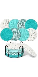 Mckanti 8 Pcs Drink Coasters with Holder, 4 Colors Absorbent Coasters, Minimalist Cotton Woven Coaster Set for Living Room Decor, Tabletop Protection Suitable for Kinds of Cups, 4.3 Inches