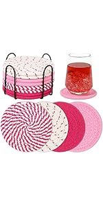 Mckanti 8 Pcs Drink Coasters with Holder, 4 Colors Absorbent Coasters, Minimalist Cotton Woven Coaster Set for Living Room Decor, Tabletop Protection Suitable for Kinds of Cups, 4.3 Inches