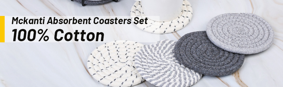 Mckanti 8 Pcs Drink Coasters with Holder, 4 Colors Absorbent Coasters, Minimalist Cotton Woven Coaster Set for Living Room Decor, Tabletop Protection Suitable for Kinds of Cups, 4.3 Inches