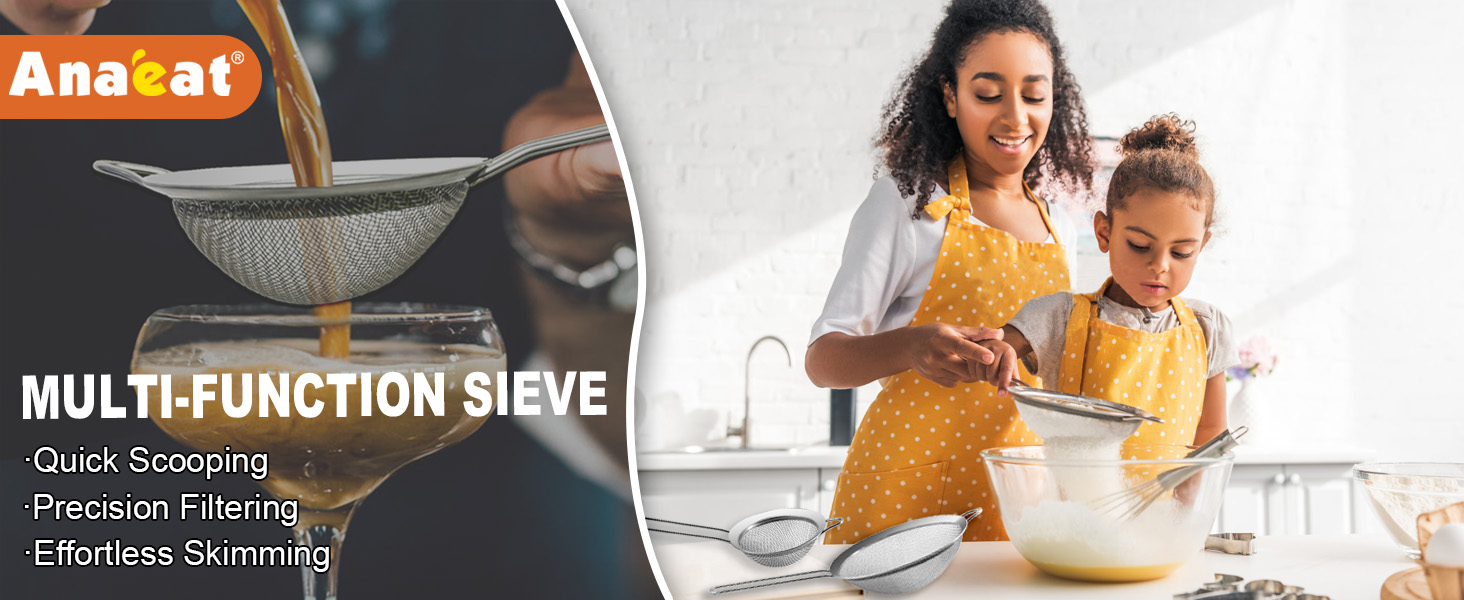 Anaeat Fine Mesh Strainers - Premium Stainless Steel Colander Sieve Sifters, with Durable Mesh and Sturdy Handle, Excellent for Sifting Dry ingredients, Flour, Pastas, Rice, Tea (3.15