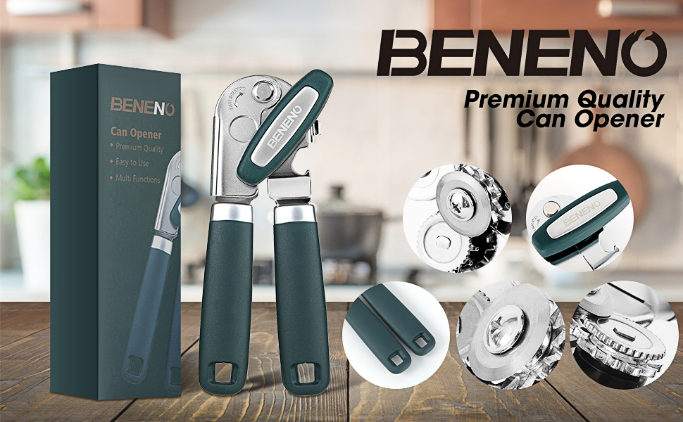 Beneno Heavy Duty Hand Can Opener Manual with Magnet, Durable Sharp Carbon Steel Blade Smooth Cutting, Big Effort-Saving Knob & Soft Grip Handle, Multifunctional Kitchen Tool with Bottle Opener, Green