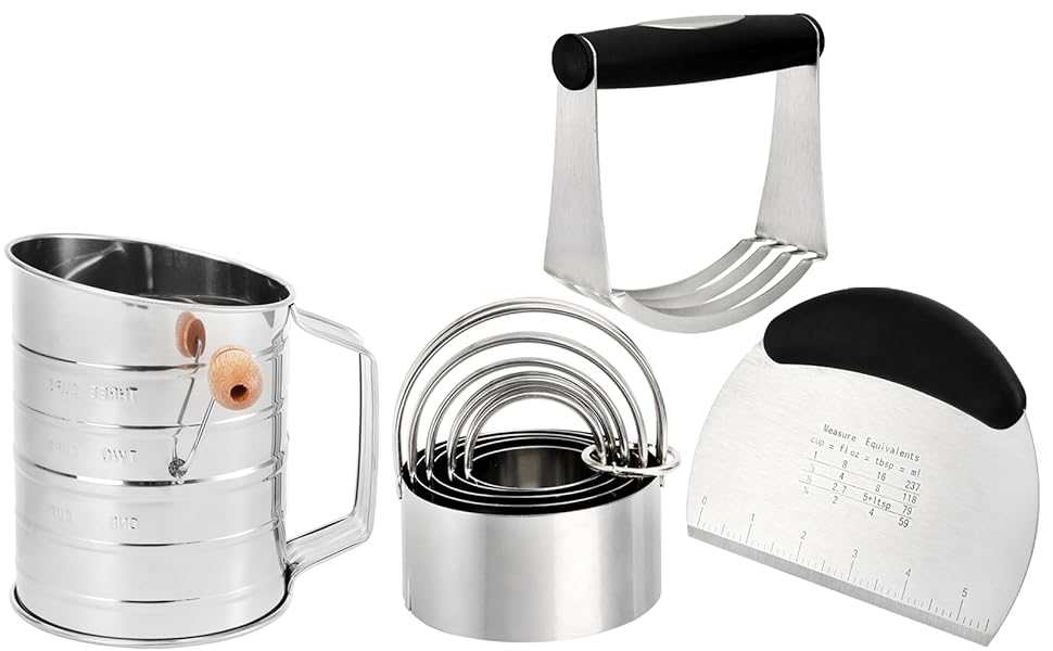 Tosnail Pastry Cutter, Dough Blender, 3 Cup Flour Sifter and Biscuit Cutter, 8 Pieces Stainless Steel Professional Dough Tools for Baking Cookies and Donuts