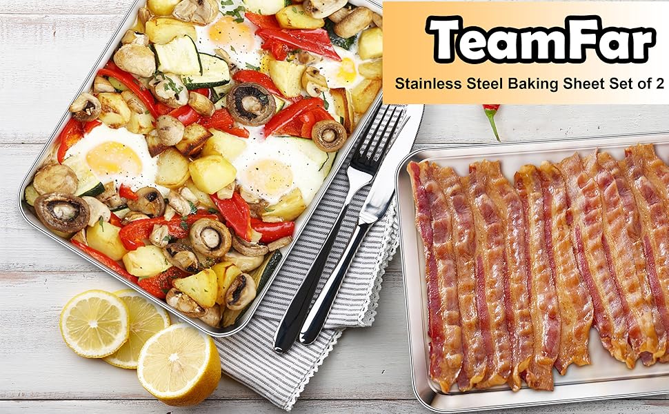 TeamFar Baking Sheet, 17.6’’ x 13’’ x 1’’ Stainless Steel Large Cookie Sheet Half Baking Pans, Non-toxic & Healthy, Easy Clean & Dishwasher Safe, Heavy Duty & Sturdy- Set of 2