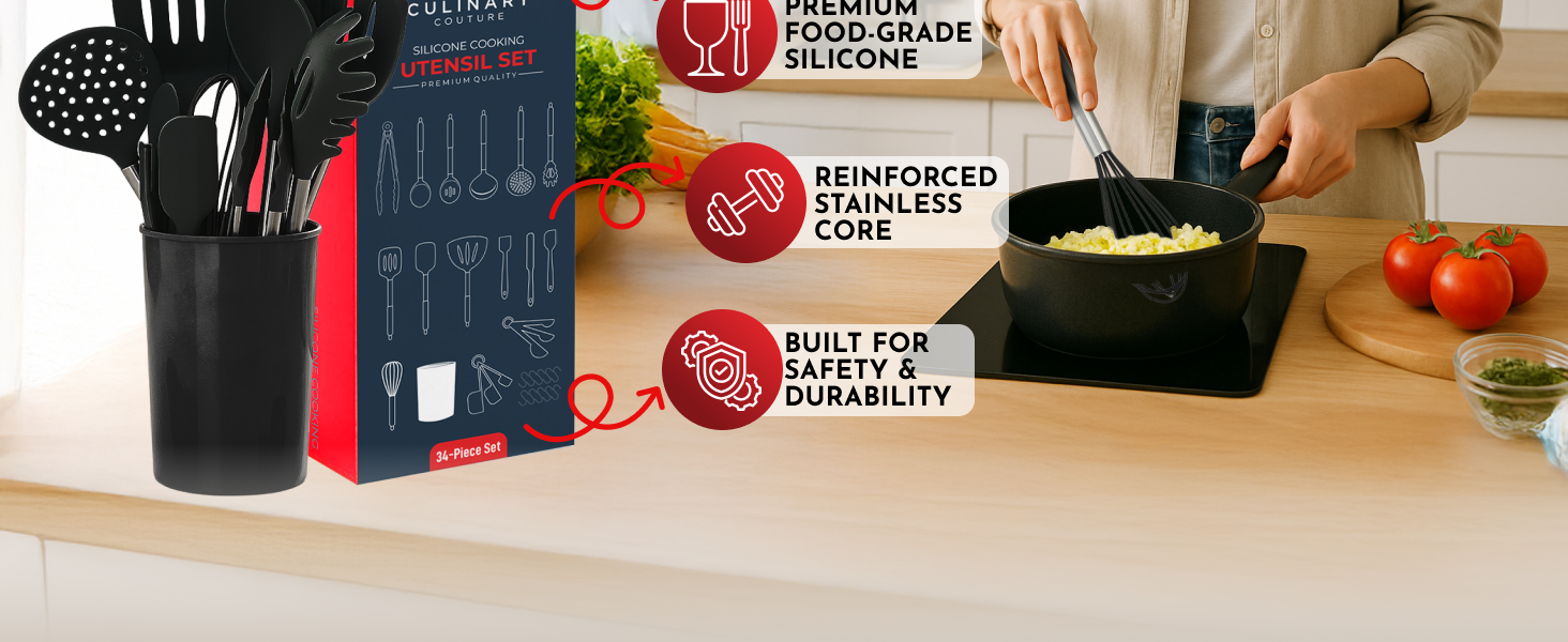 Silicone Kitchen Utensils Set 34 Pieces 450 °F Heat Resistant - Black Cooking Utensils-Set for Nonstick Cookware - Silicone Spatulas Set, Stainless Steel Handle & Other Kitchen accessories