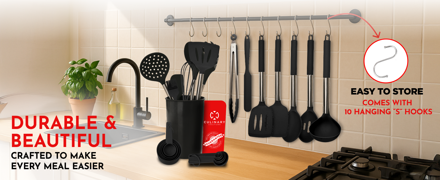 Silicone Kitchen Utensils Set 34 Pieces 450 °F Heat Resistant - Black Cooking Utensils-Set for Nonstick Cookware - Silicone Spatulas Set, Stainless Steel Handle & Other Kitchen accessories
