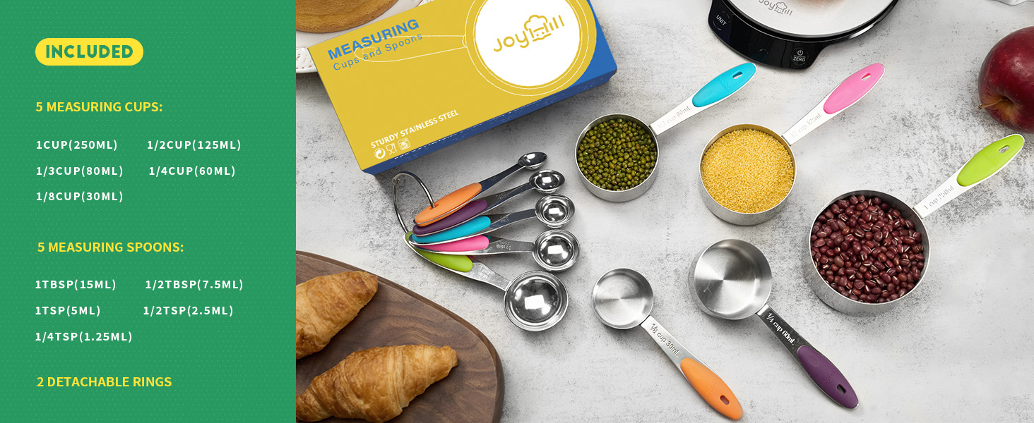 Joyhill Measuring Cups and Spoons Set of 10 Piece, Stainless Steel Measuring Cups with Soft Touch Silicone Handles, Nesting Metal Measuring Cup for Dry & Liquid Ingredients, Cooking & Baking (Black)