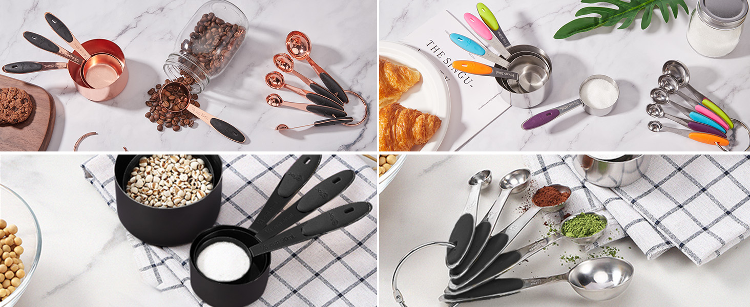 Joyhill Measuring Cups and Spoons Set of 10 Piece, Stainless Steel Measuring Cups with Soft Touch Silicone Handles, Nesting Metal Measuring Cup for Dry & Liquid Ingredients, Cooking & Baking (Black)