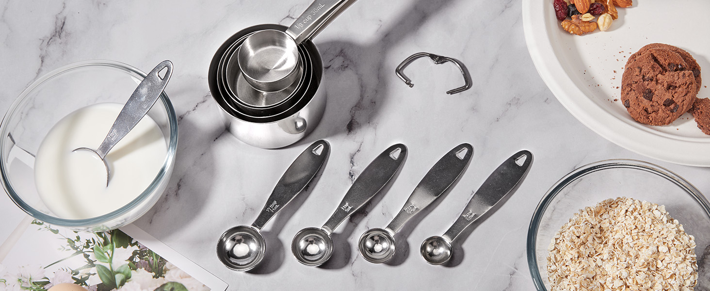 Joyhill Stainless Steel Measuring Cups and Spoons Set of 10 Piece, Nesting Metal Measuring Cups Set with Soft Touch Silicone Handles for Dry and Liquid Ingredients, Cooking & Baking (Black)