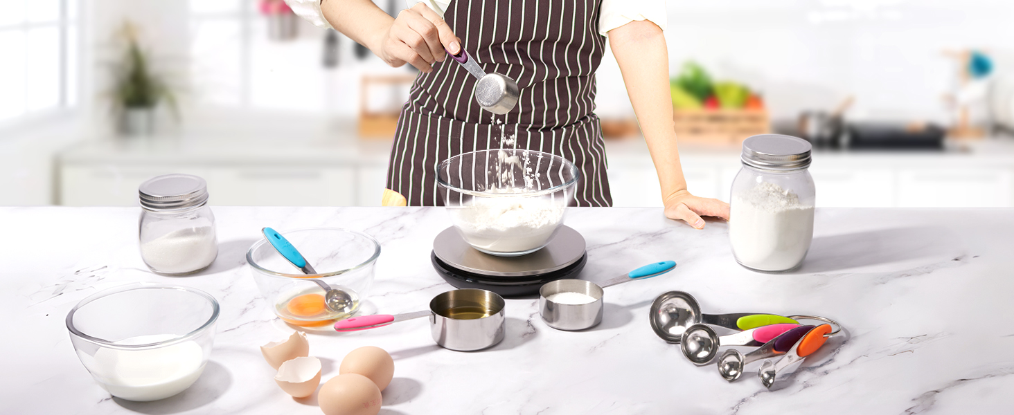 Joyhill Stainless Steel Measuring Cups and Spoons Set of 10 Piece, Nesting Metal Measuring Cups Set with Soft Touch Silicone Handles for Dry and Liquid Ingredients, Cooking & Baking (Black)